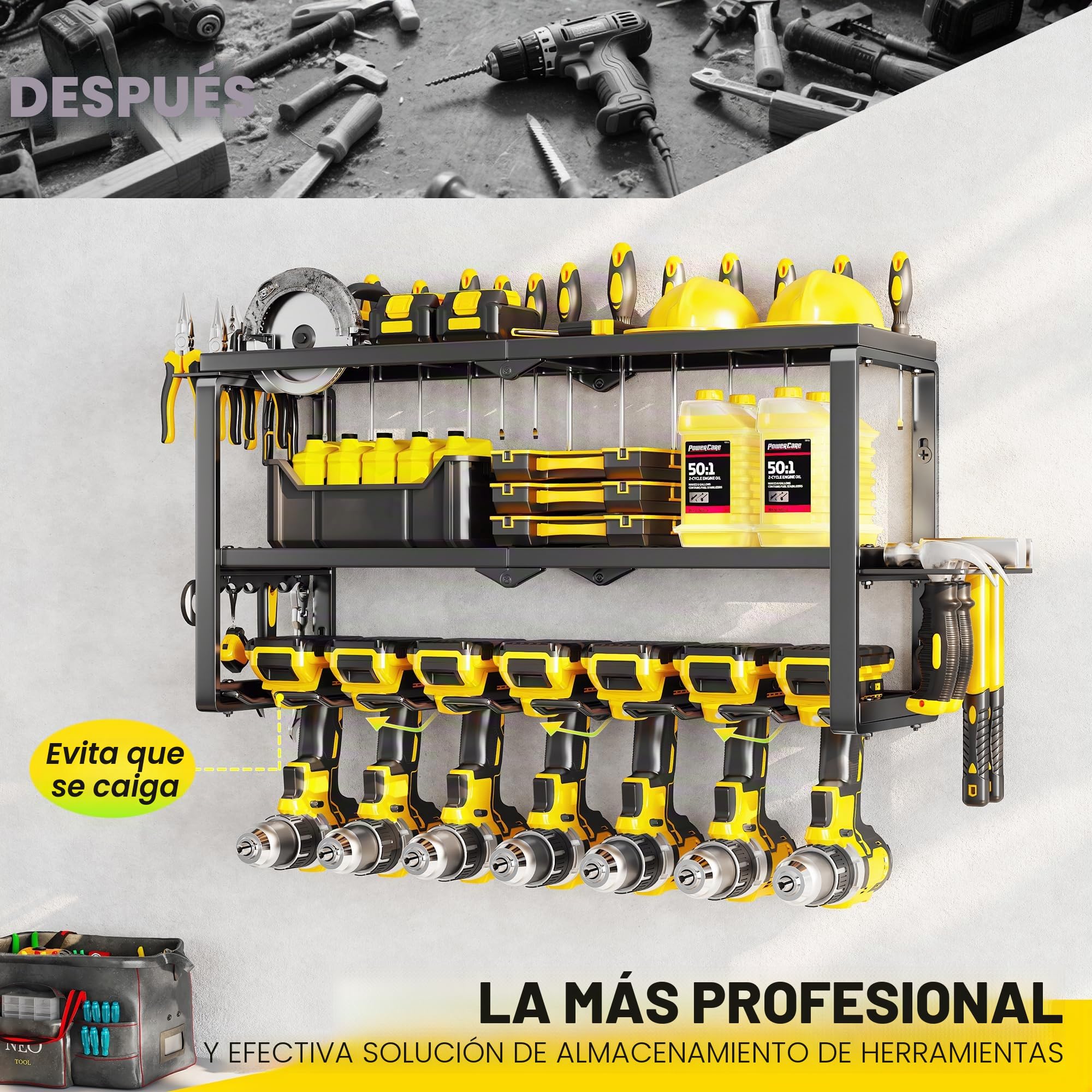 Hipidian Organizador de Pared 3 Niveles para Herramientas Eléctricas - Soporte con 7 Portabrocas y 68 kg Capacidad, Almacenaje en Acero para Taller, Garaje y Trastero