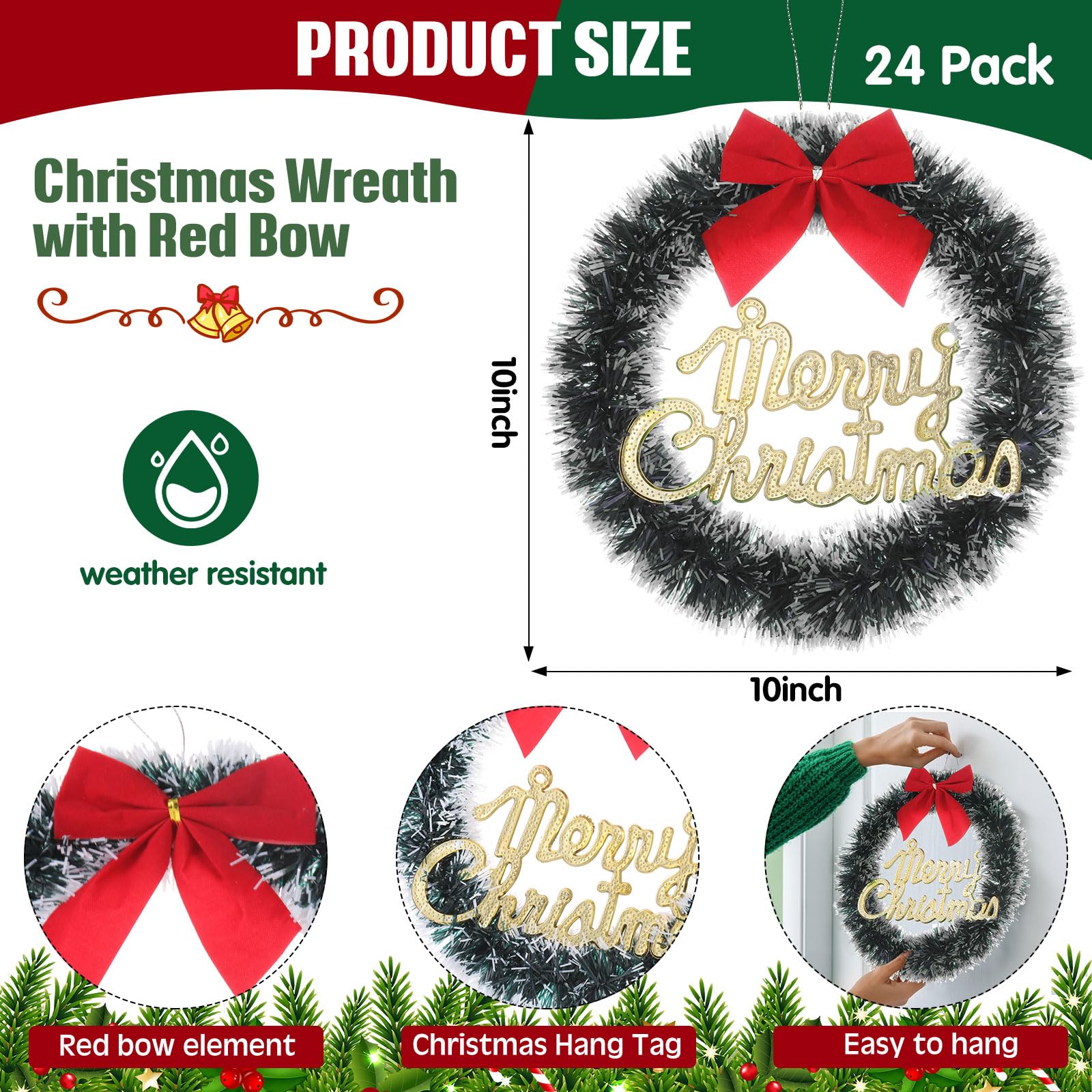 Jenaai 24 coronas de Navidad para puerta delantera, corona de Navidad artificial de 10 pulgadas con lazo rojo para colgar, manualidades de invierno para interiores y exteriores, hogar, ventana, pared,