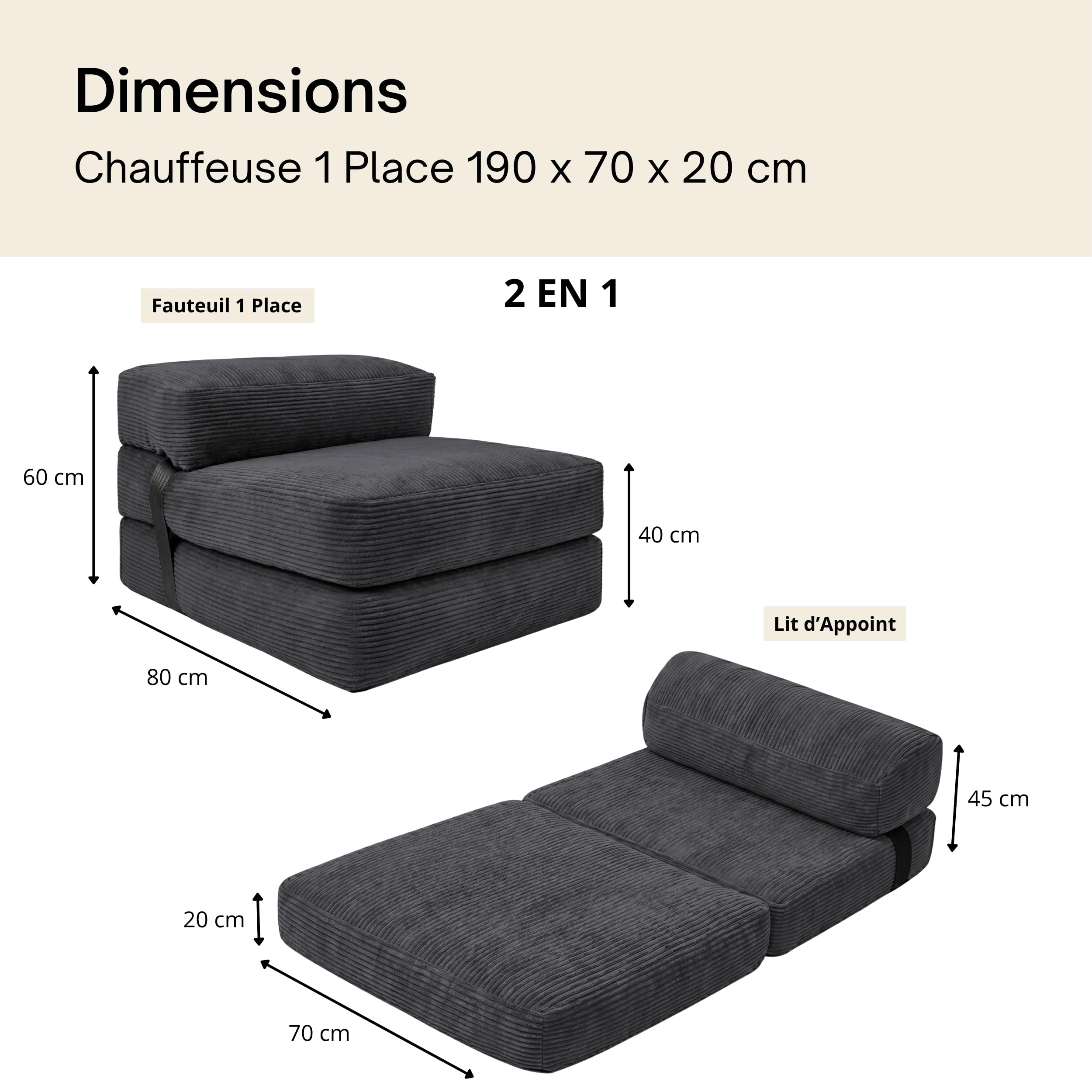 bananair - Chauffeuse 1 Place Adulte Convertible - Matelas d'Appoint Déhoussable en Velours Côtelé - Canapé Lit, Futon Pliable Pratique & Confortable, Rembourré en Mousse (70 x 190 cm, Gris Foncé)