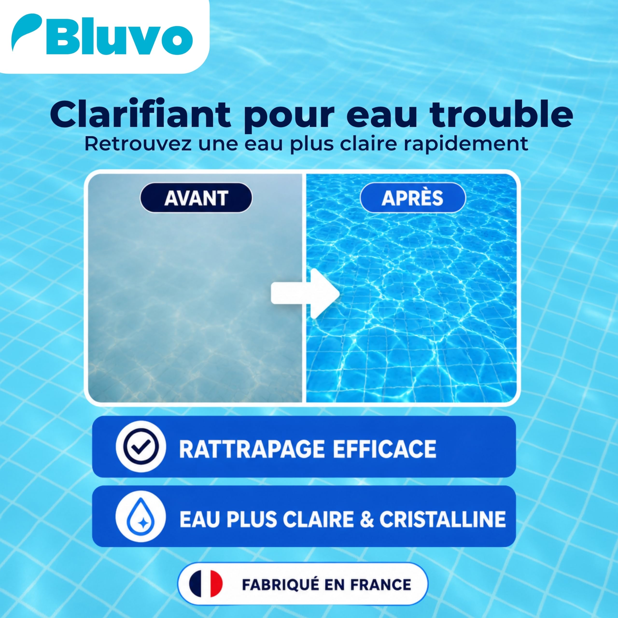 Bluvo Floculant Liquide Piscine 5L – Clarifiant pour Eau Trouble | Lutter Contre Les eaux Troubles | Produit pour Piscine | Fabriqué en France