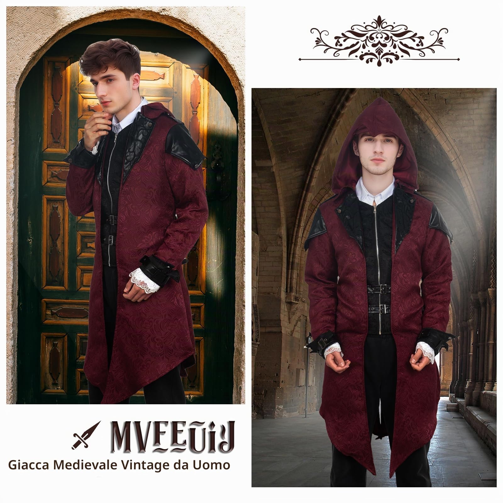 Steampunk, giacca da uomo con cappuccio, gotico frack da uomo, guaina medievale, palazzo vittoriano, vintage, costume di Halloween, carnevale, feste, cosplay