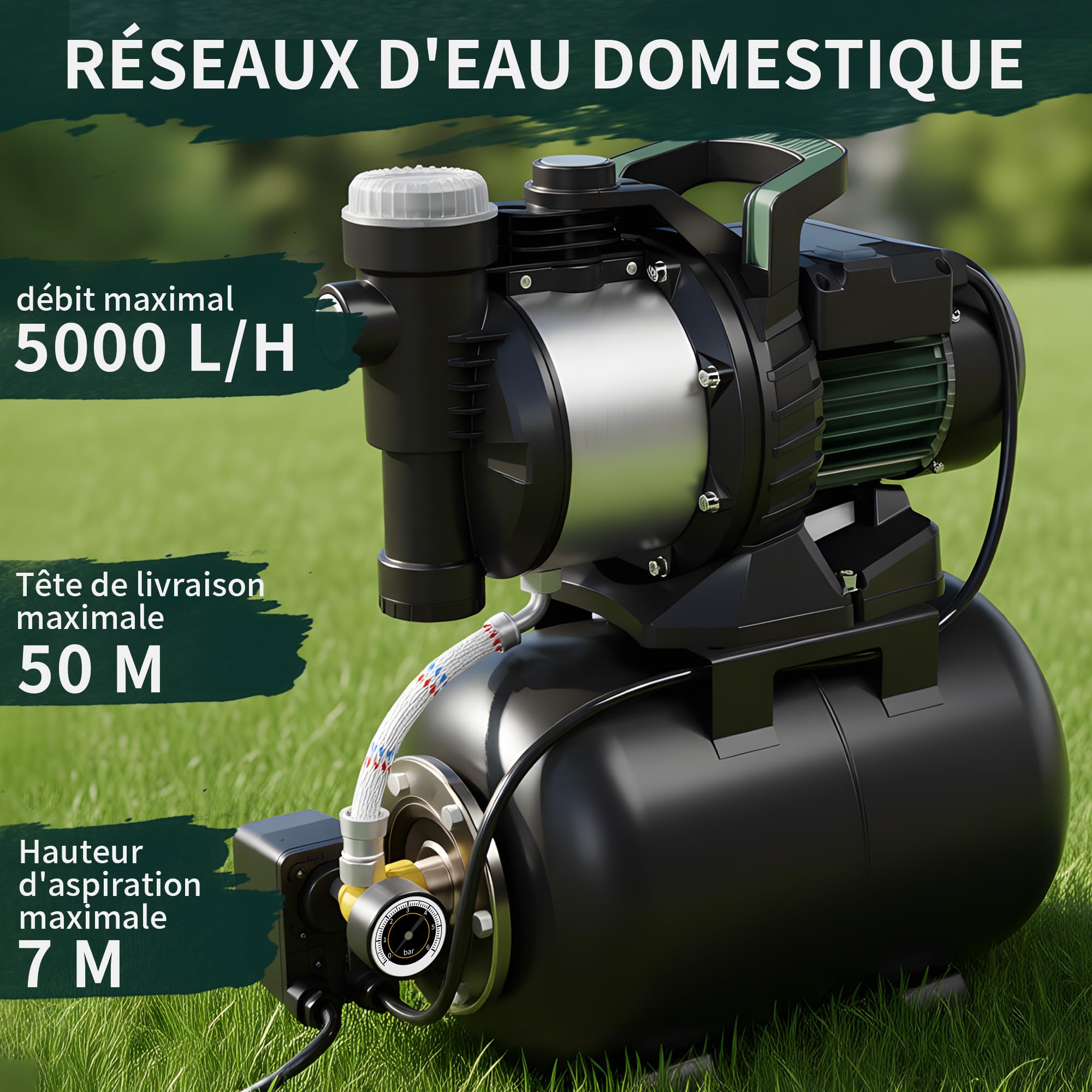 LANCHEZ Groupe Hydrophore 5000 L/H, Moteur 1300 W, Hauteur de Refoulement 50 m, Acier Inoxydable, Pompe de Surpression avec Réservoir 19L et Manomètre, Filtre, Raccord d'Eau et Vidange