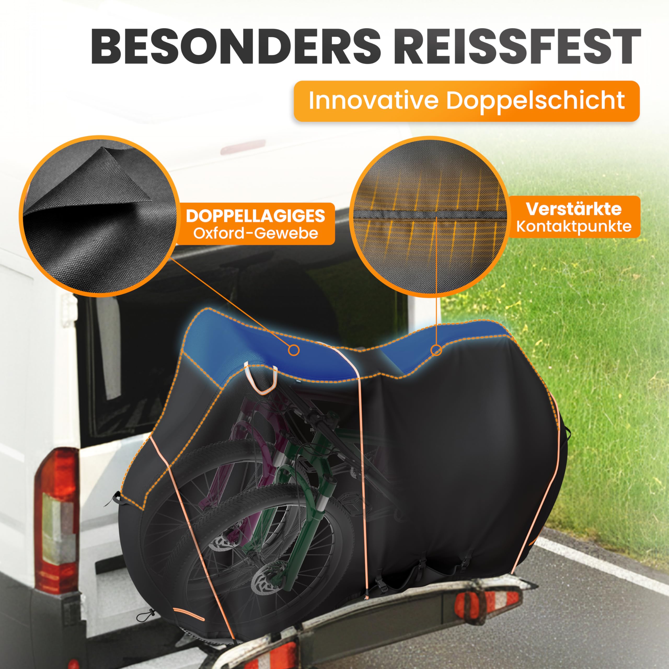 NATURIZ® Fahrradabdeckung Heckträger wasserdicht & reißfest - Fahrradschutzhülle mit 6m Spannseil - Fahrradplane für 2 Fahrräder - Ebike Transportschutz Set, Fahrradhülle, Bike Cover (2 Fahrräder)