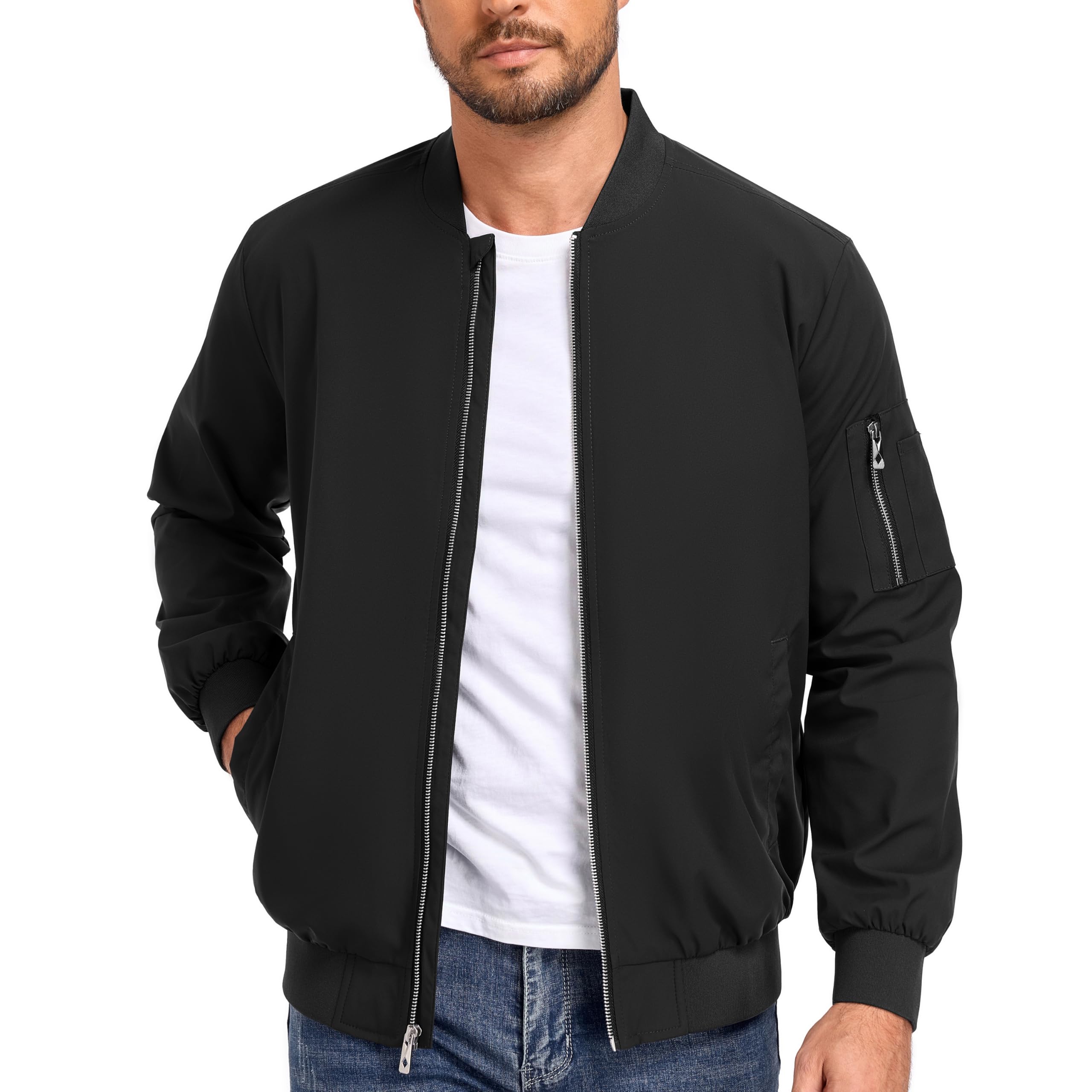 Men's Lightweight Windbreaker Bomber Jacket Zip Up Casual Coat with Pockets | Noise-Reducing Fabric,Built-In Chin Guard,Windproof,Functional Storage Pockets,Classic Bomber Fit
