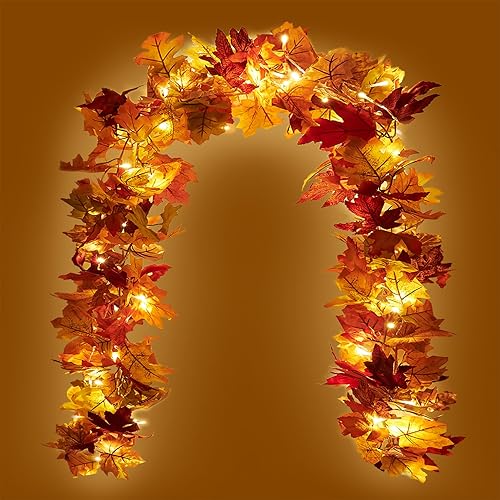 KASZOO 2 Pack Fall Maple Garland with 40 LED String