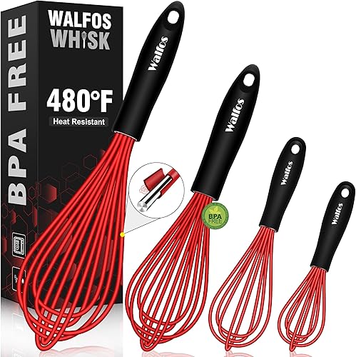 Walfos Batidor, batidor de silicona antiarañazos para cocinar, juego de 4 resistentes al calor (480 F). Ideal para mezclar, batir y revolver y