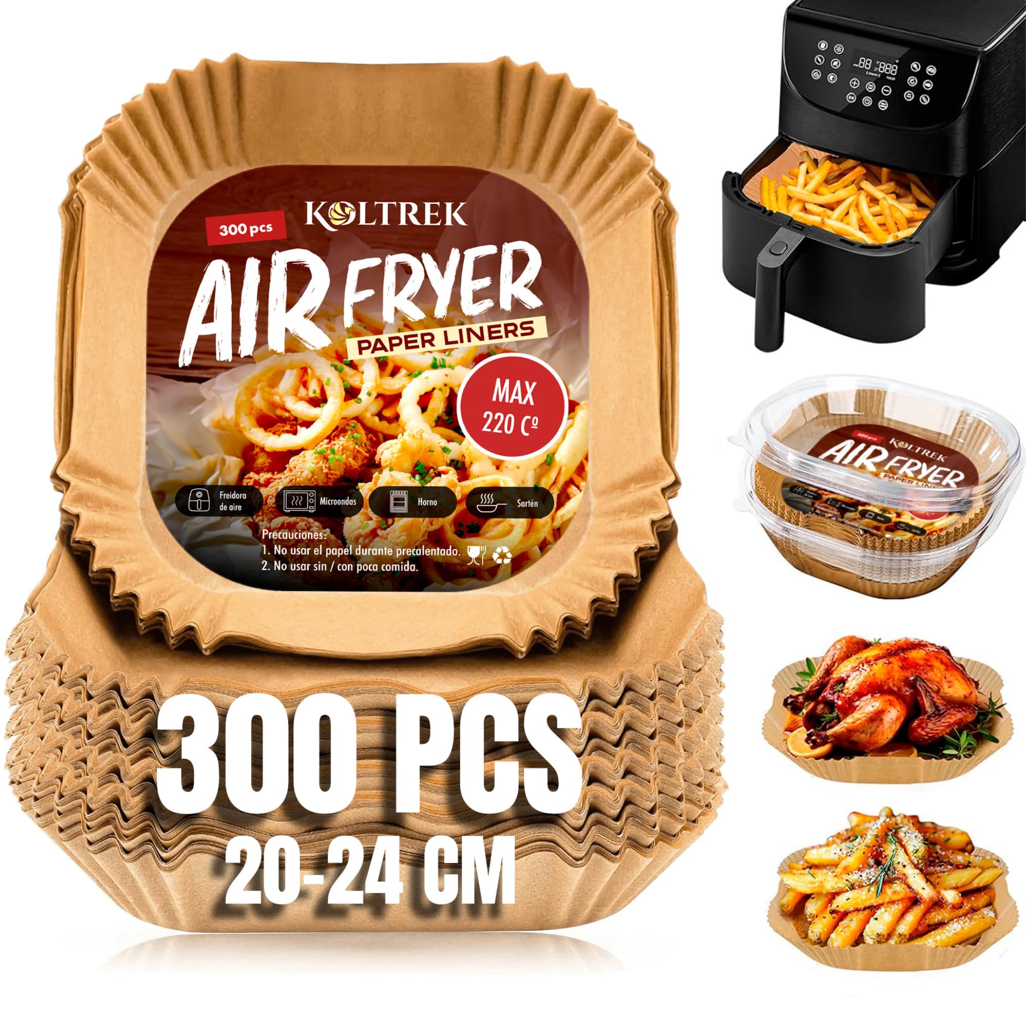 300 Piezas Papel Freidora Aire, 20-24 CM, 5-8 litros, Papel Air Fryer Cuadrado, Sin BPA, Extra Grueso, Vegetal Desechable