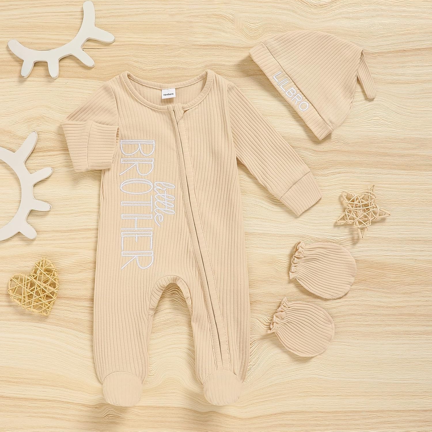 Newborn Baby Boy Outfits Zippered Romper Letter Embroidered Coming Home Jumpsuit with Hat Mittens - Image 2