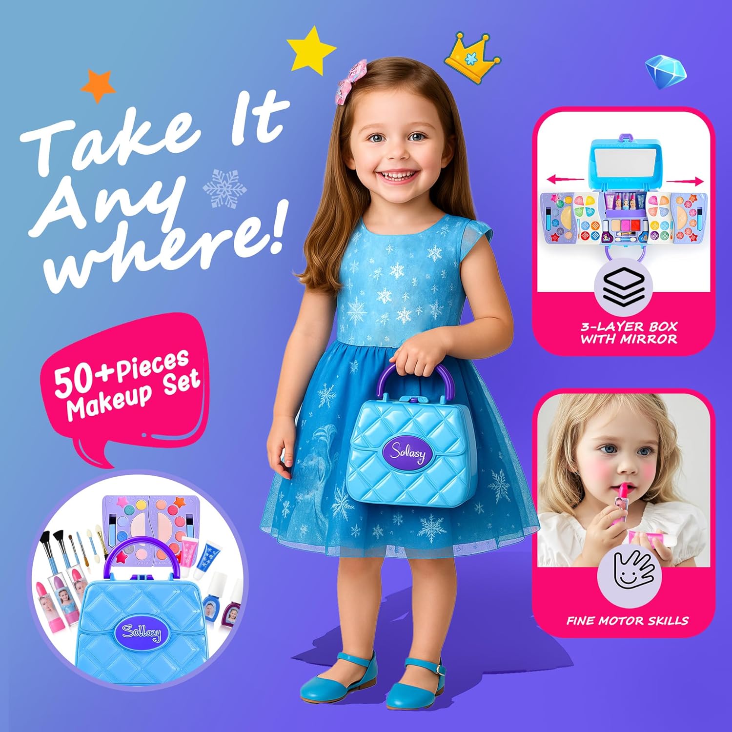 Magnetic Paper Dolls for Girls 4-7 + Pretend Makeup Kit for Toddlers, 71 PC Dress-Up Kit & Washable Cosmetic Set with Mirror, Portable Play for Kids 3-8, for Birthdays & Holidays