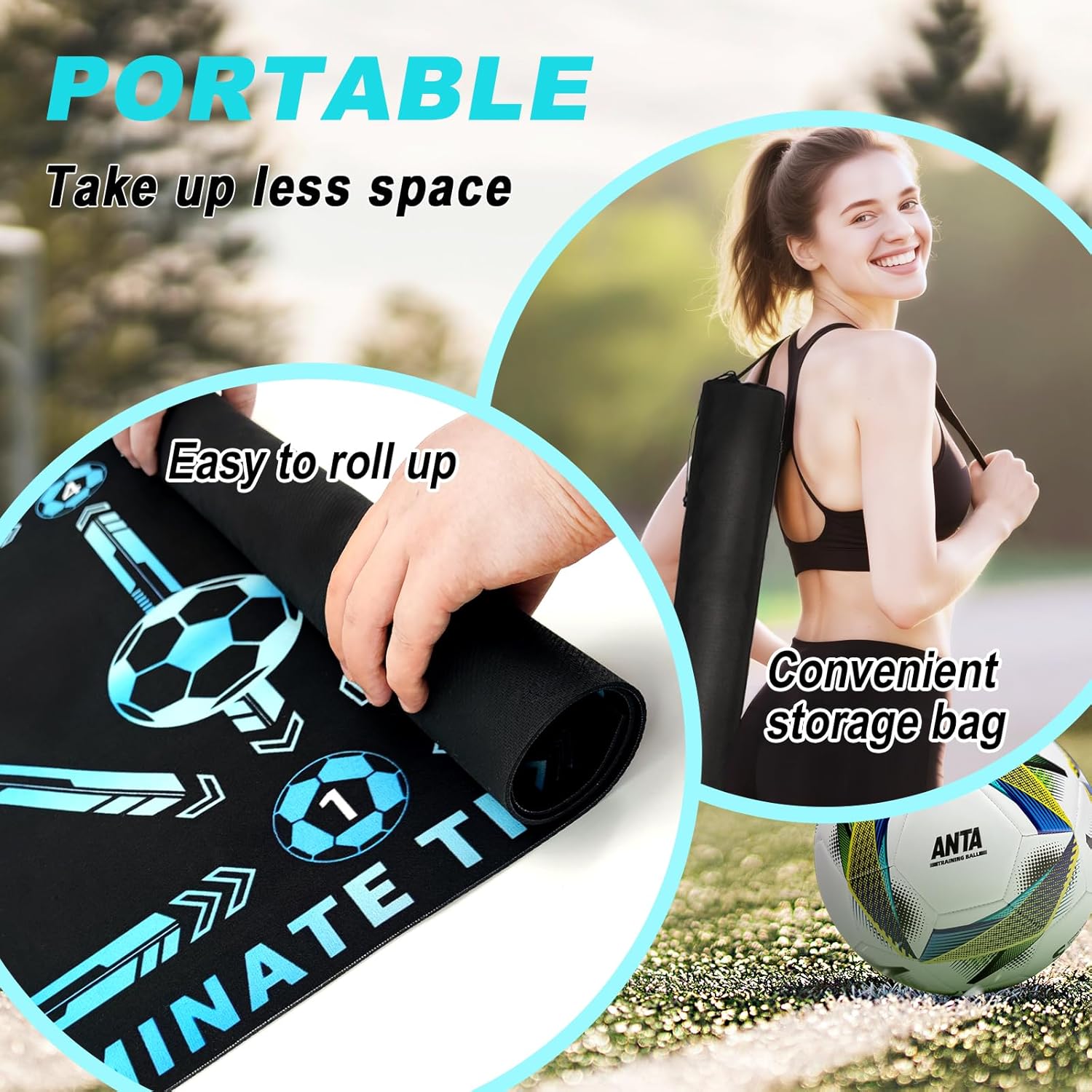Football Footstep Training Mat, Soccer Training Mat 35 * 24IN, Soccer Practice Equipment with Storage Bag and Soccer Return Trainer Net (New Black-Blue)