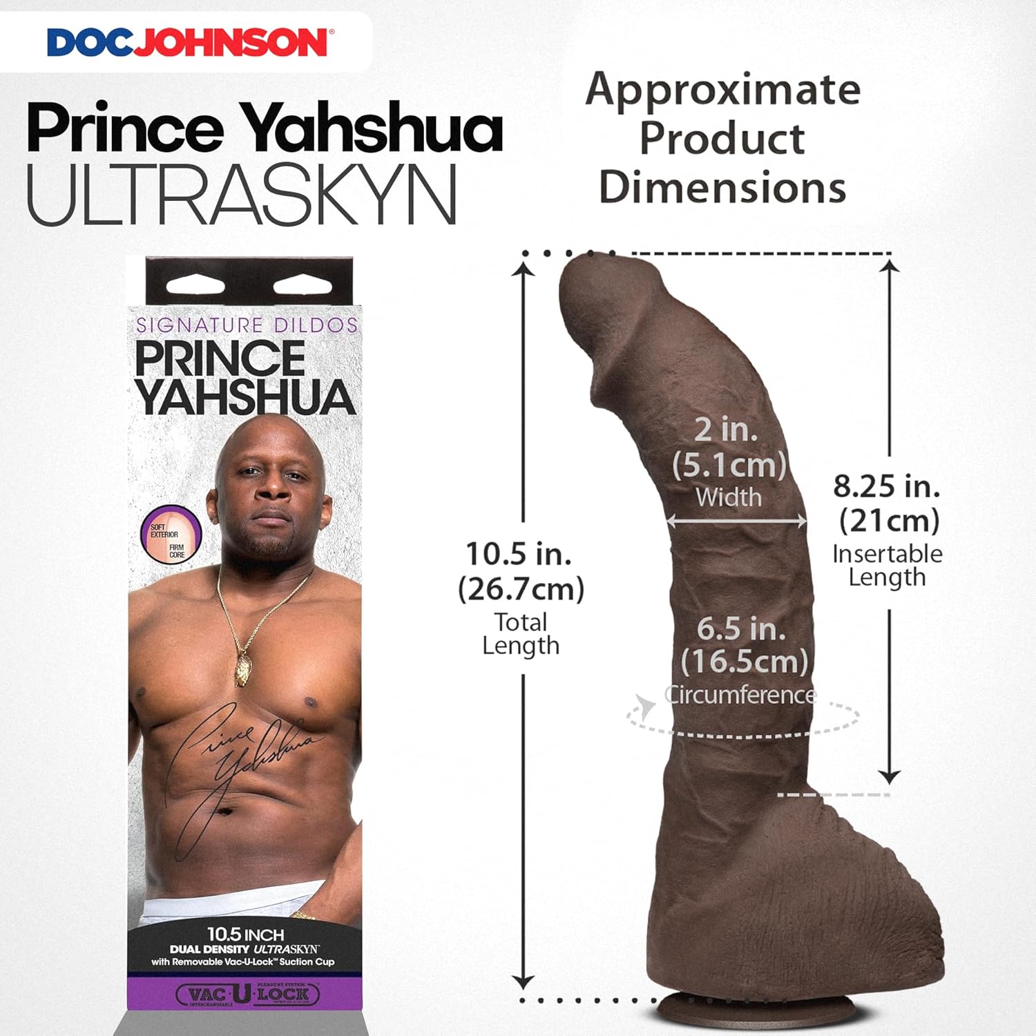 Doc Johnson Prince Yahshua - ULTRASKYN 10.5” Cock - With Removable Vac-U-Lock Suction Cup Base - F-Machine Compatible Dildo - Brown