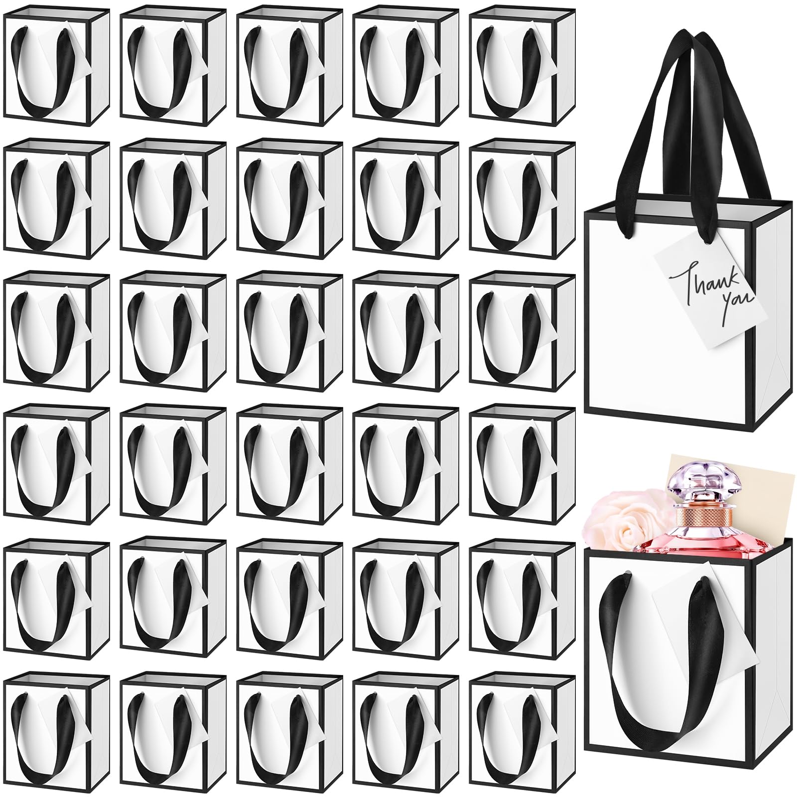 Yeaqee 100 Pcs Mini Paper Gift Bags with Handles Tag, White,Black