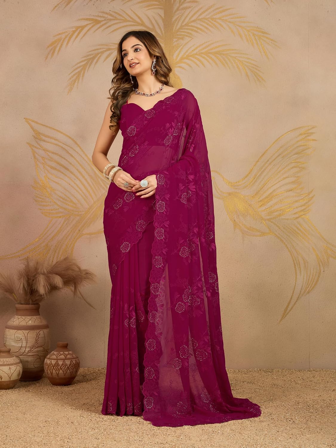 TRENDMALLS Women's Georgette Embroidery Siroski Work Saree with Unstitched Blouse Piece