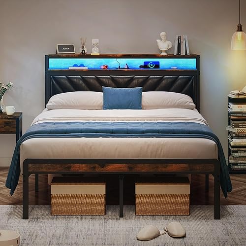 Miniatura 8 de Base de cama de metal completo con 2 cajones de almacenamiento y puertos USB, plataforma de tamaño matrimonial, cabecera de madera de almacenamiento