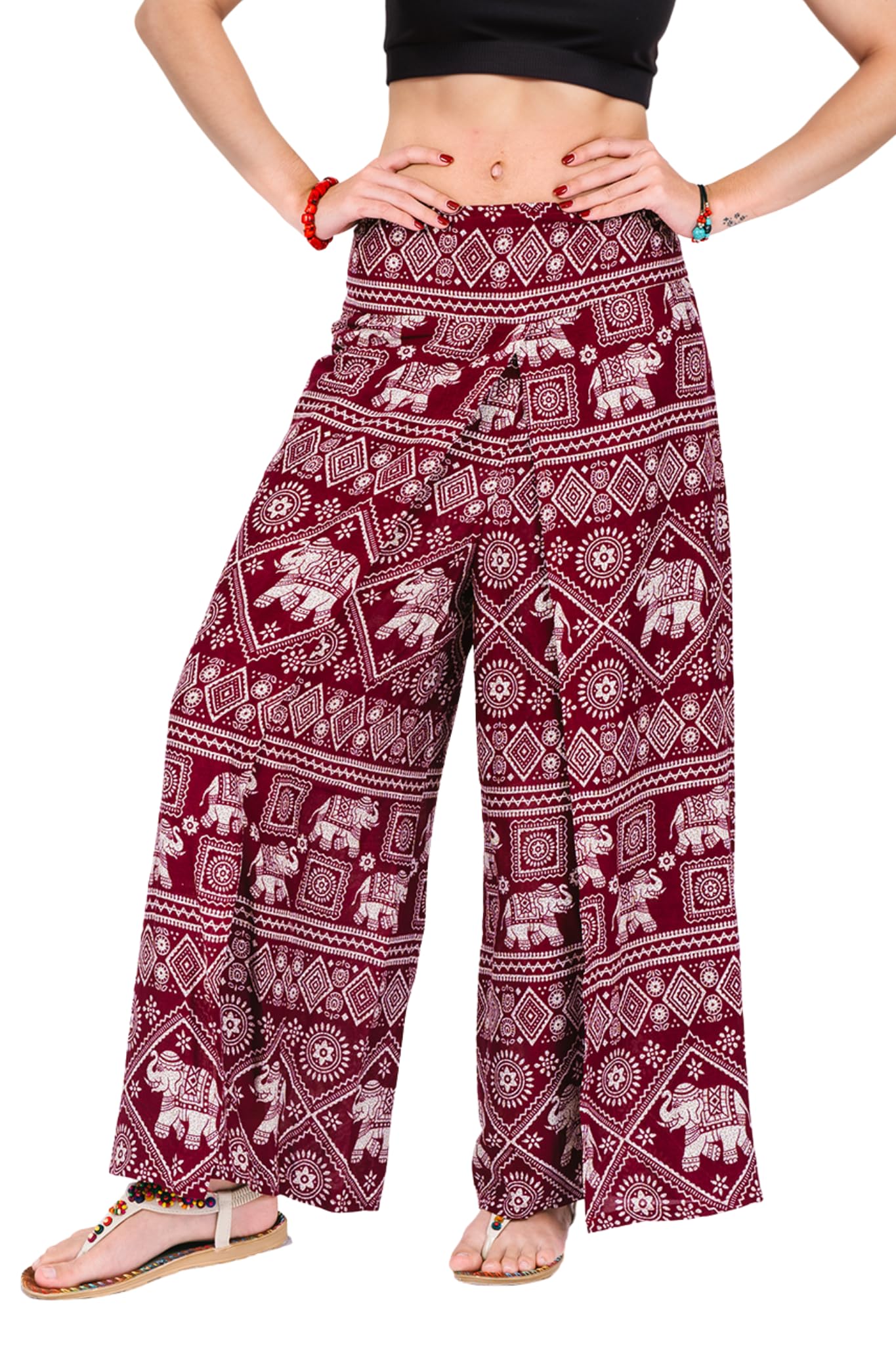 Your Cozy Women's Red Elephant Wrap Pants For – Bohemian Elephant Split Leg Harem Pants High Waist Lightweight Palazzo Hippie Festival Lounge Trousers (Red Elephant_s)