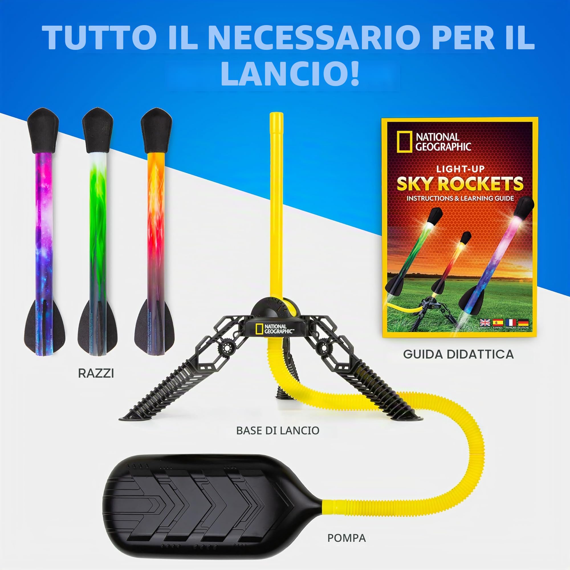 National Geographic Razzo ad Aria per Bambini – Lanciatore di Razzi LED, Salta e Lancia Razzi in Schiuma Fino a 30,5 Metri, Giochi all'Aperto