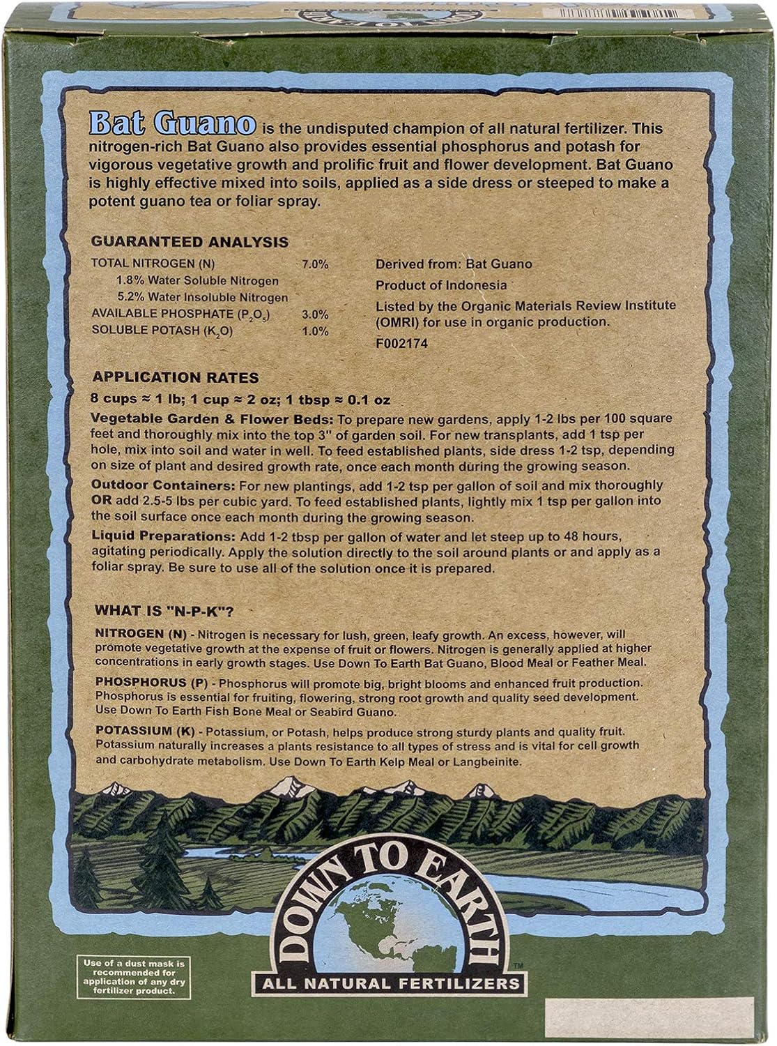 Down to Earth Organic Bat Guano Fertilizer Mix 7-3-1, 2 lb