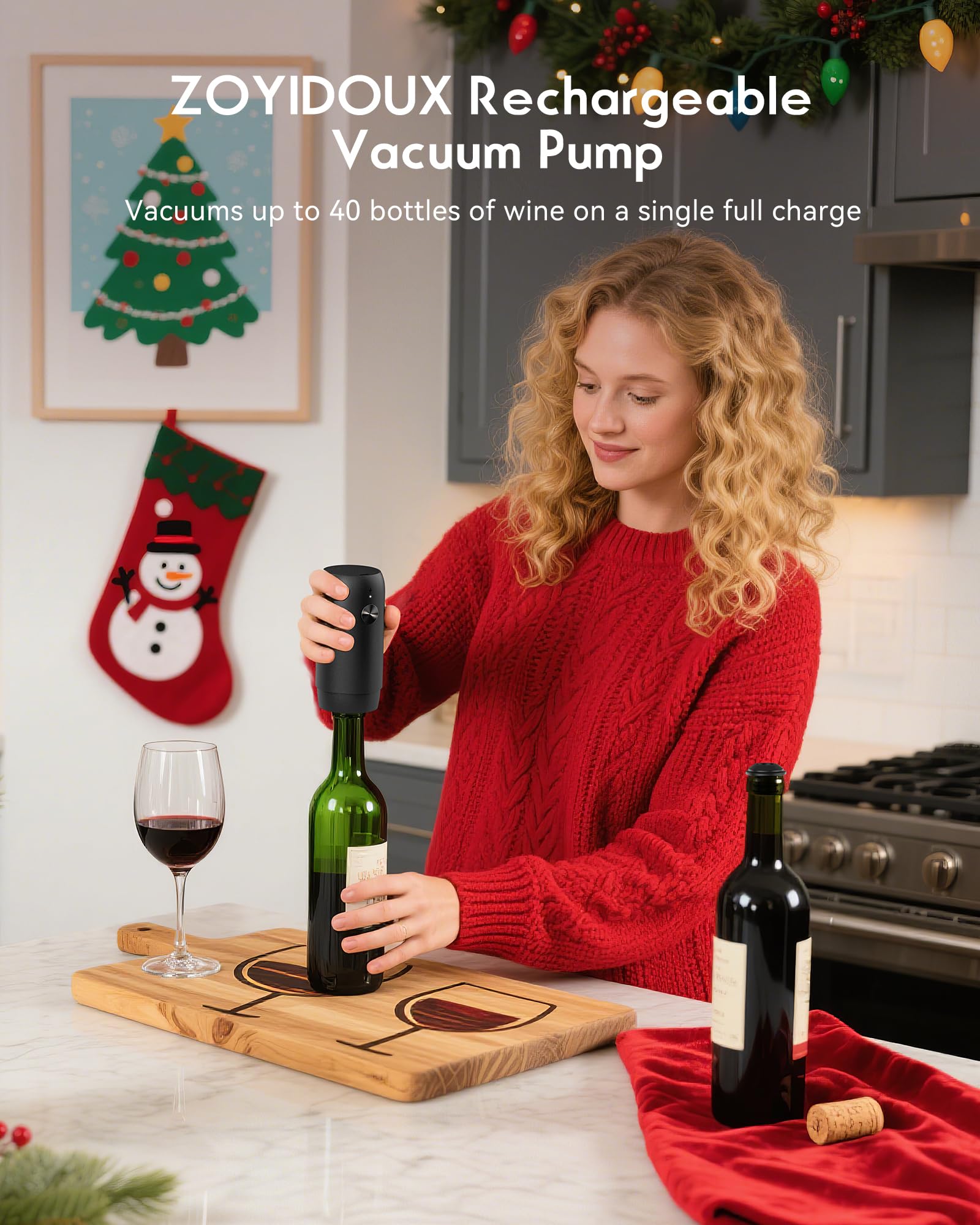 ZOYIDOUX Weinpumpe-Set - Ein-Knopf-Elektrischer wein Vakuumpumpe mit 1 Wiederverwendbar Stopper - USB-C Wiederaufladbar - Hält Wein 10 Tage Frisch - Ideales für Weinliebhaber