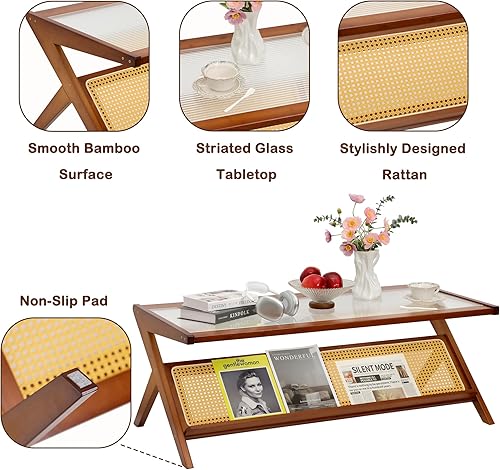Miniatura 3 de Mesa de centro de bambú, mesa de centro de ratán con parte superior de vidrio, mesas centrales de madera de mediados de siglo, modernas mesas de té