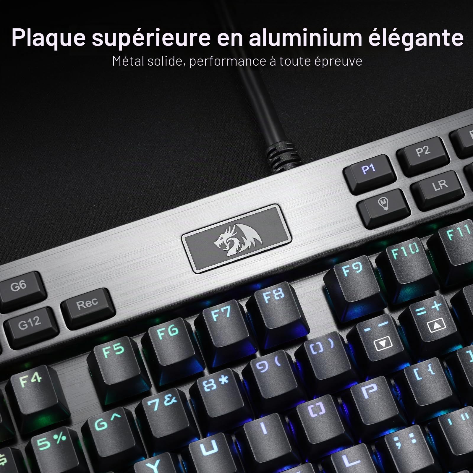 Redragon Clavier de jeu K550 RVB, 104 touches + 12 macro G, clavier mécanique filaire, interrupteur violet cliqué, port USB supplémentaire, repose-poignet
