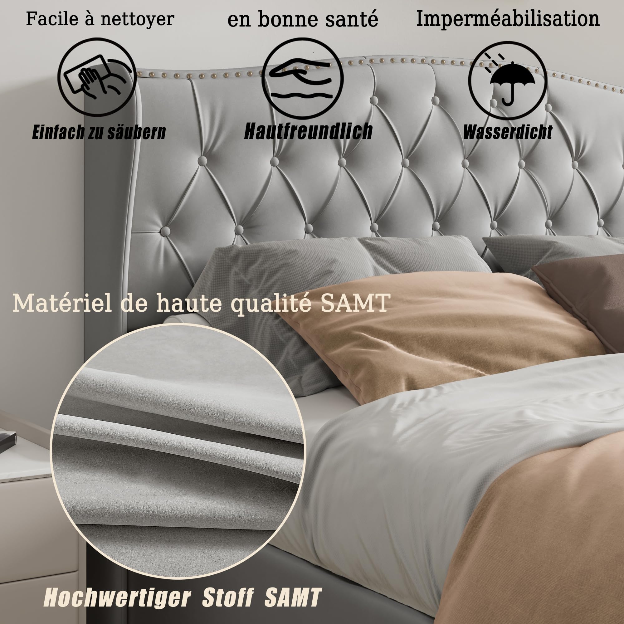 Polsterbett 140x200 cm mit Unterbettkommode, Doppelbett mit Kopfteil und Lattenrost, Samt, für Erwachsene und Jugendliche geeignet, beige-graues Polsterbett, Ohne Matratze(Grau, 140x200cm)
