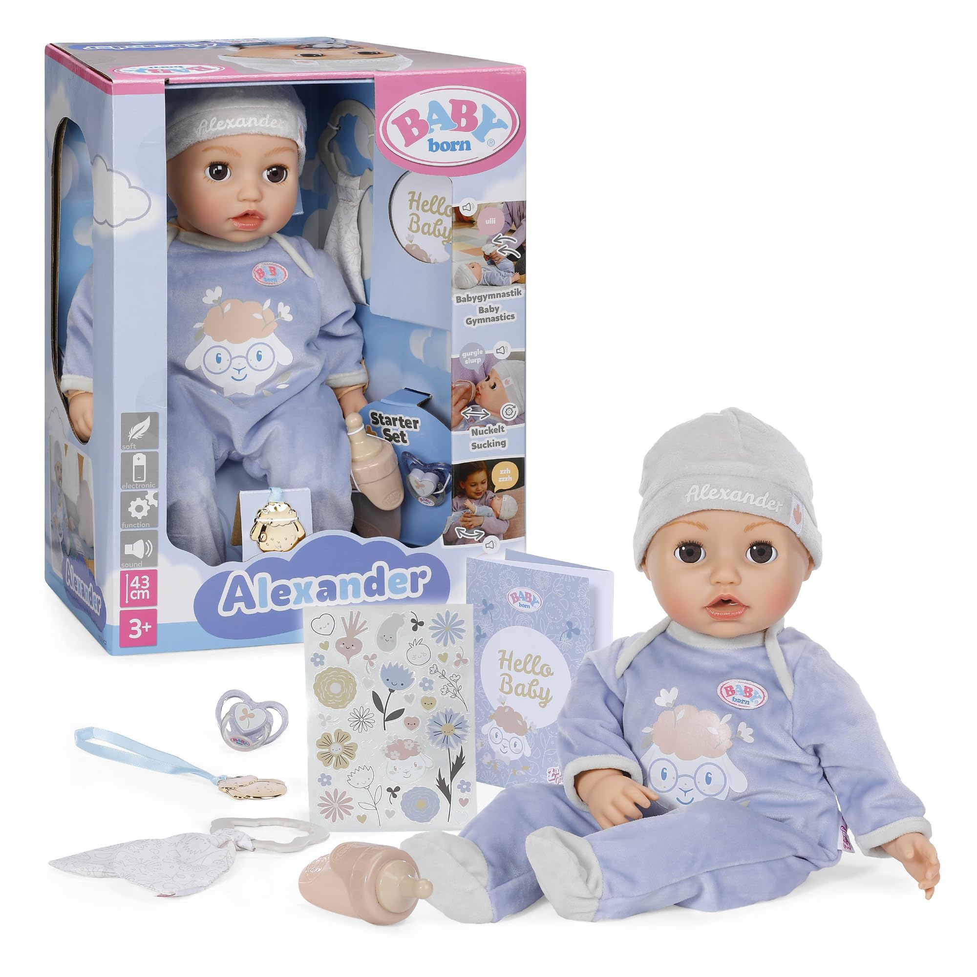 BABY born Alexander 43cm, soft 43cm doll with 7 electronic functions and sound for children from 3 years, incl. Accessories