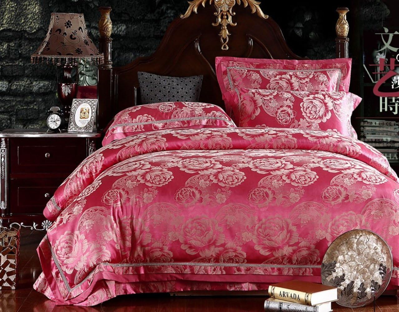 Pink Silk Bedding Set Queen King Size 4pcs Noble Luxury Bed Set Linen Tribute Silk Satin Duvet Cover Sheet Bedclothes (King)