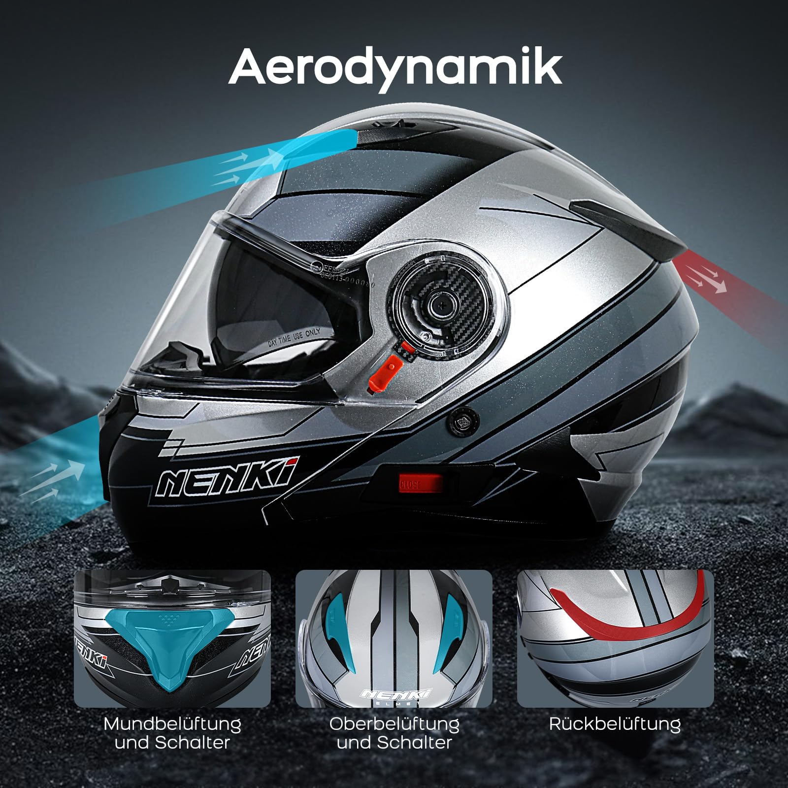 Klapphelm Integralhelm Motorradhelm mit Sonnenblende und Visier, ABS-Schale, ECE 22.06, M-XXL