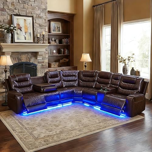 Miniatura 30 de Juego de sofá modular reclinable eléctrico para sala de estar, juego de sofá reclinable de cuero con luces LED / almacenamiento oculto, sofá en