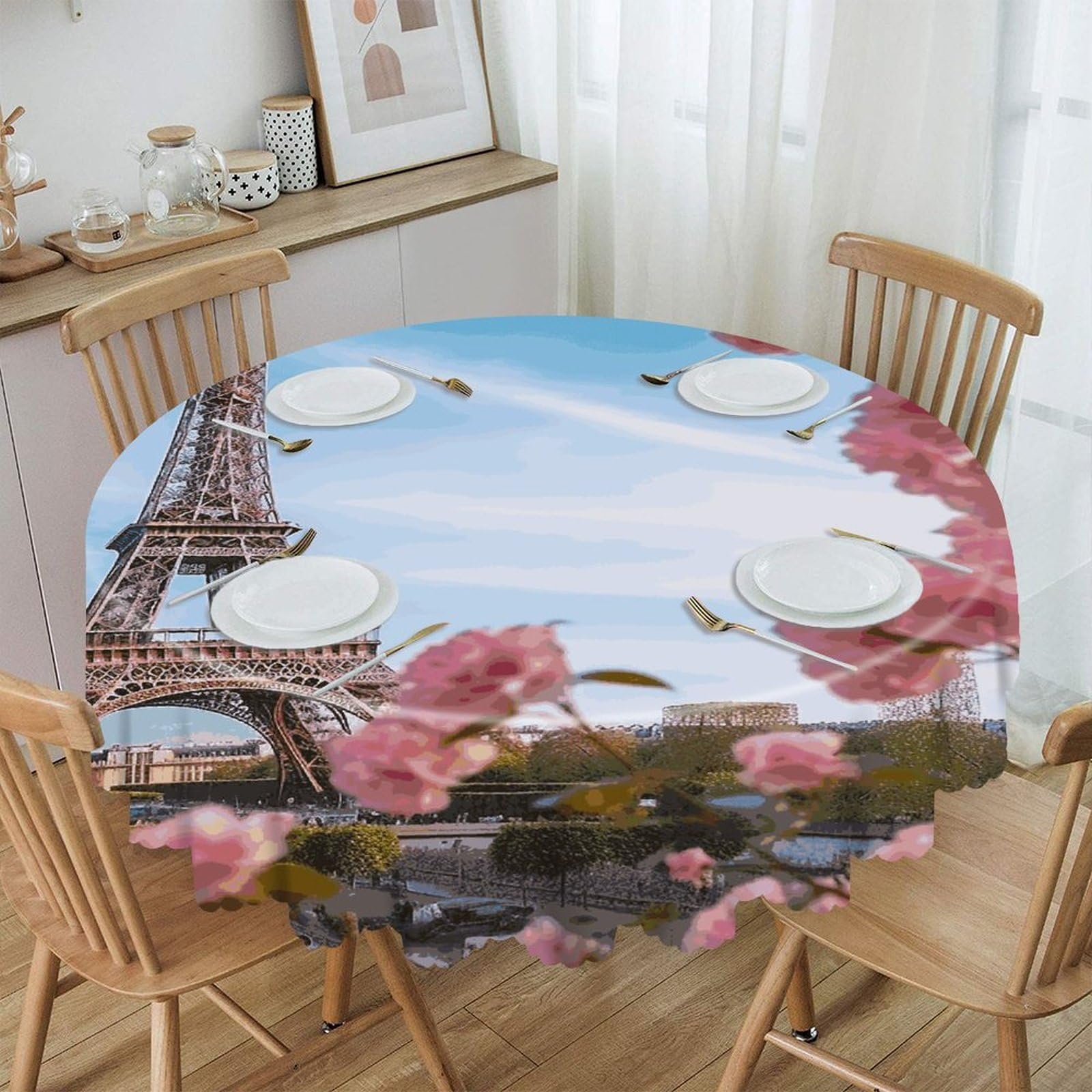 FekiLoot Paris Eiffel Tower with Flowers Round Tablecloths 60 Inch Resistant Washable Polyester Table Cloth Style Decorative Circle Fabric Table Cover for Dining Kitchen Party Farmhouse Outdoor