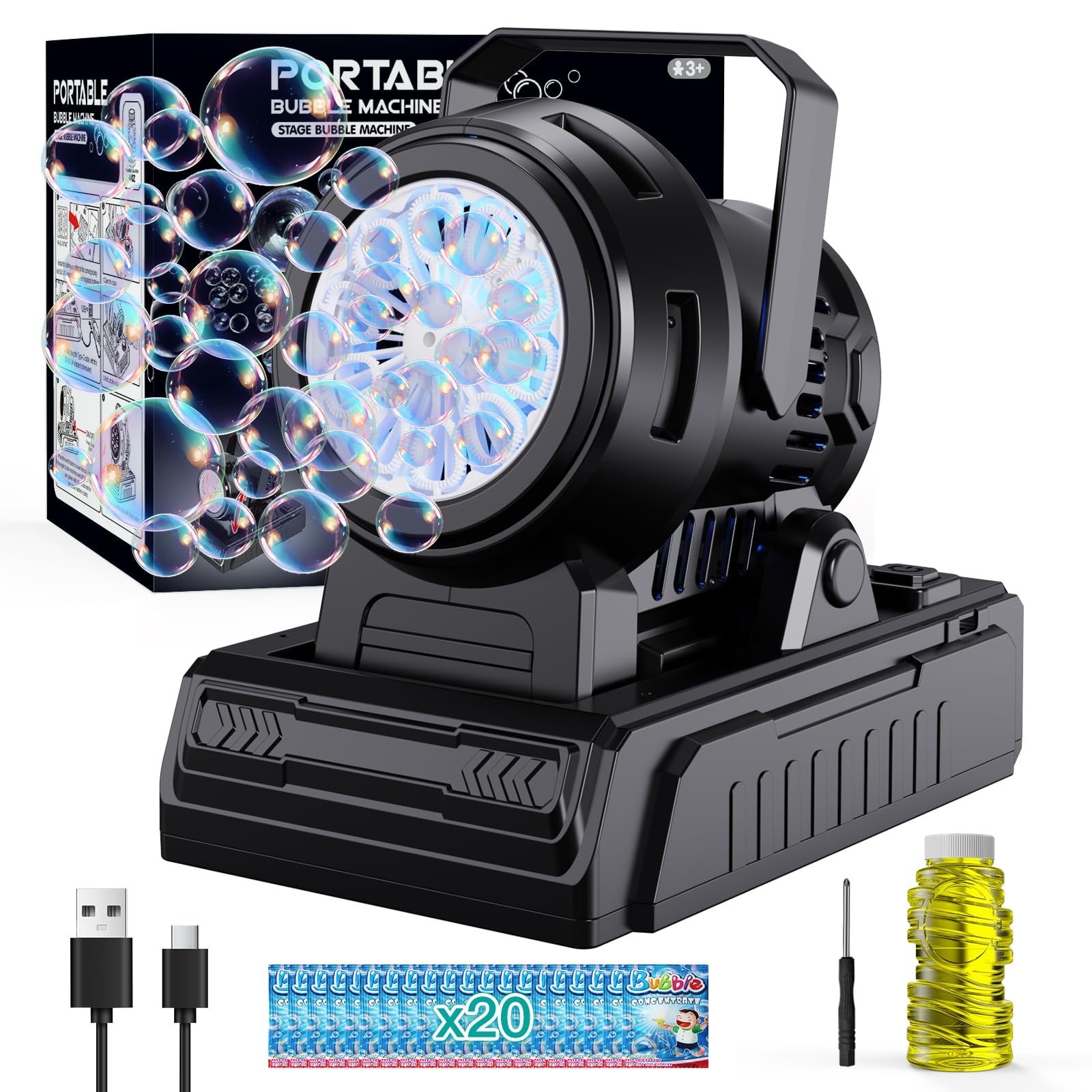 Panamalar Bubble Machine Adjustable Angle, 10 Big Holes Automatic Bubble Blower Machine for Kids 20000+ Big Bubbles with Solution, Portable Bubble Maker Outdoor Toys for Garden Party Wedding-Black