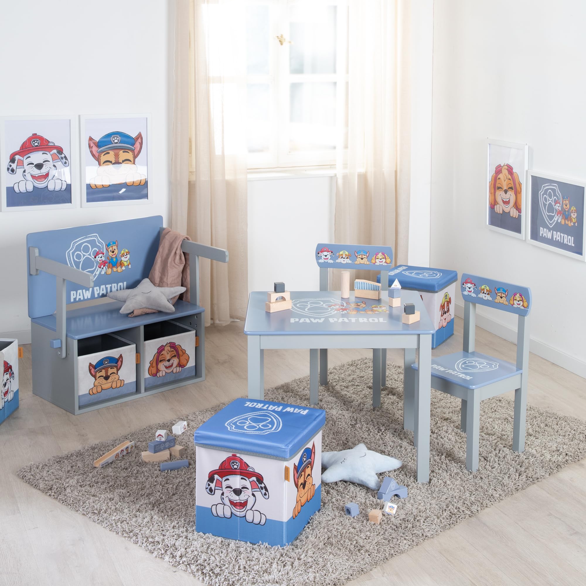 Paw Patrol Klappbare Sitzbank mit 2 Aufbewahrungsboxen, umbaubar zum Kindertisch, Holz grau/blau ab 18 Monaten
