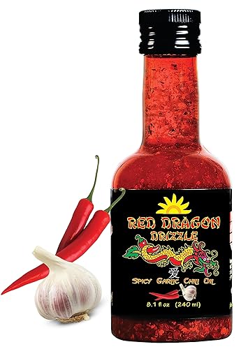 Red Dragon Drizzle - Aceite de chile de ajo picante, condimento e ingredientes, aceite de girasol alto en oleico con copos de chile picante, vegano,