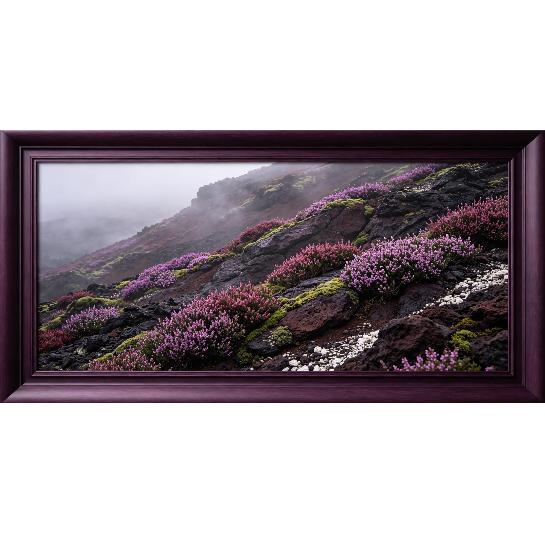 Agglomerix 3D Framed Wall Art Mountain Landscape Heather Flower Volcanic Rocks Mist Large Size SelfAdhesive Removable Wall Decor Prints Artwork for Living Room Bedroom Office