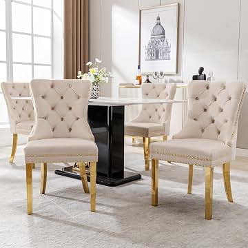 Silla de comedor y salón, 4 unidades, tapizada con cabeza de clavo, patas de acero inoxidable dorado, funda de terciopelo
