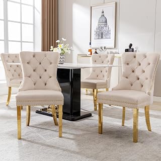 Silla de comedor y salón, 4 unidades, tapizada con cabeza de clavo, patas de acero inoxidable dorado, funda de terciopelo