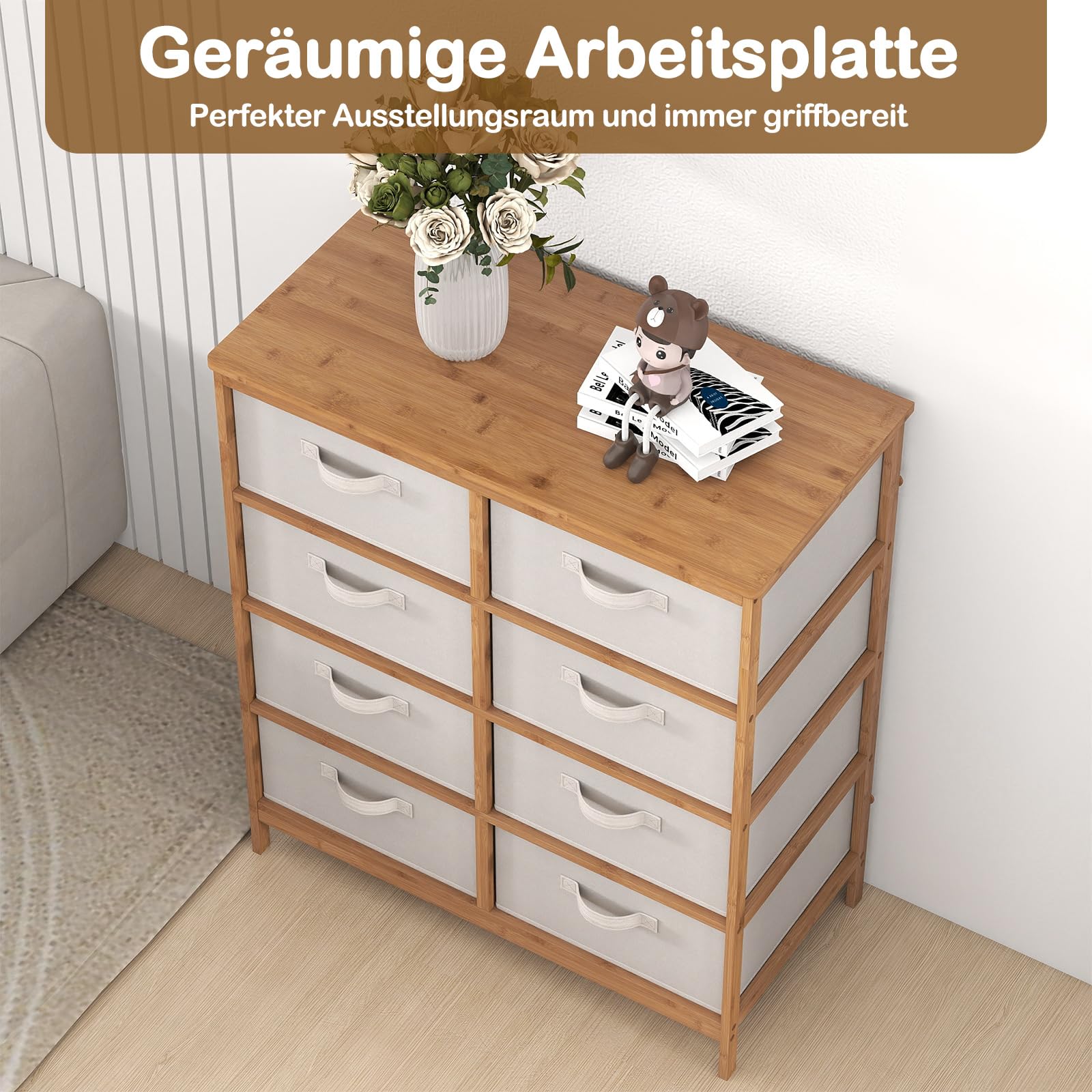COSTWAY Komoda z 8 zdejmowanymi szufladami materiałowymi i ramą bambusową, szafa z szufladami, szafa do przechowywania, szafka do salonu i korytarza, 80 x 40 x 94 cm