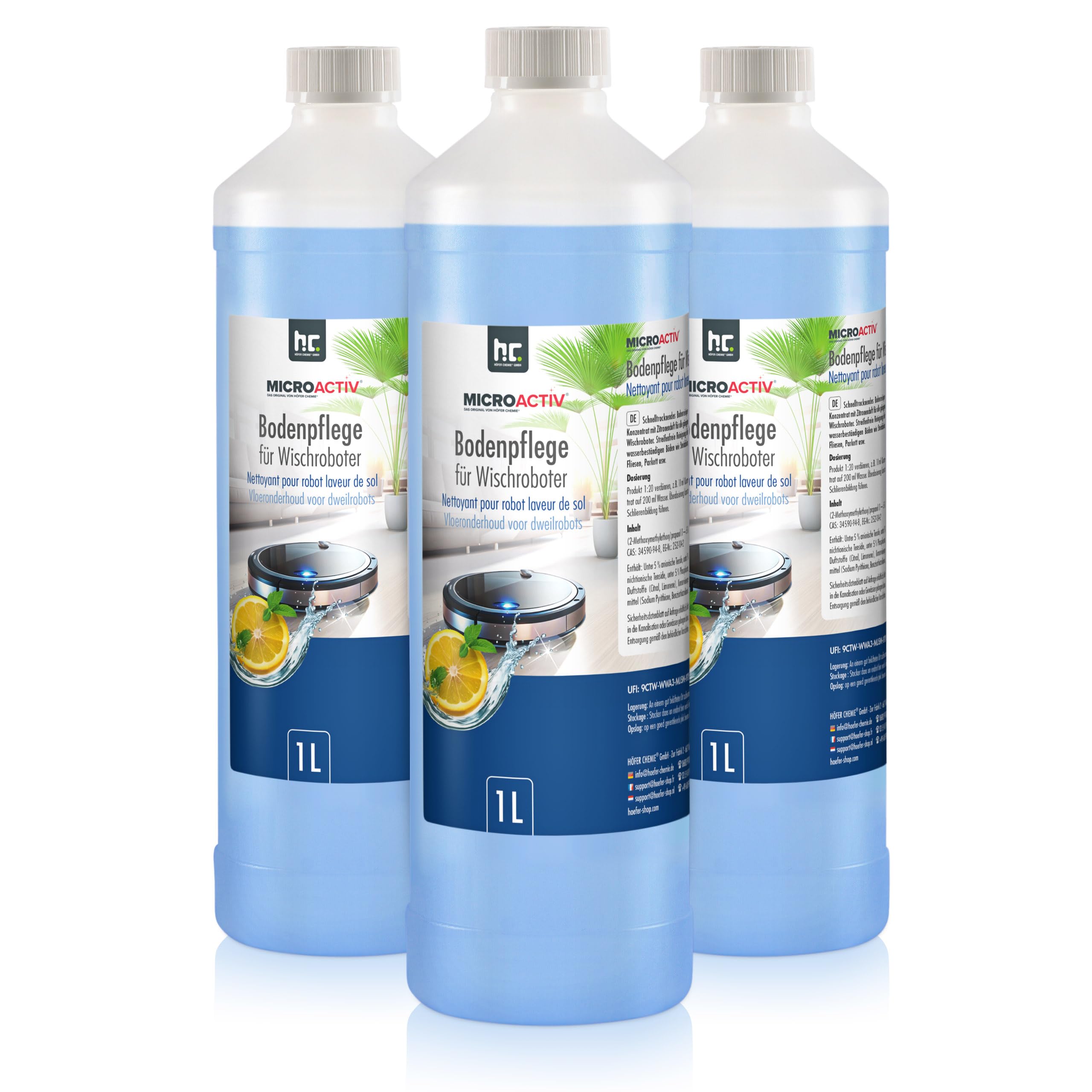 Microactiv Nettoyant Sol Concentré 3 x 1 L pour Robots Laveurs | Séchage Rapide, Antidérapant, Idéal pour Tous Types de Sols - Parfum Frais Discret - Convient Parquet, Carrelage et Stratifié