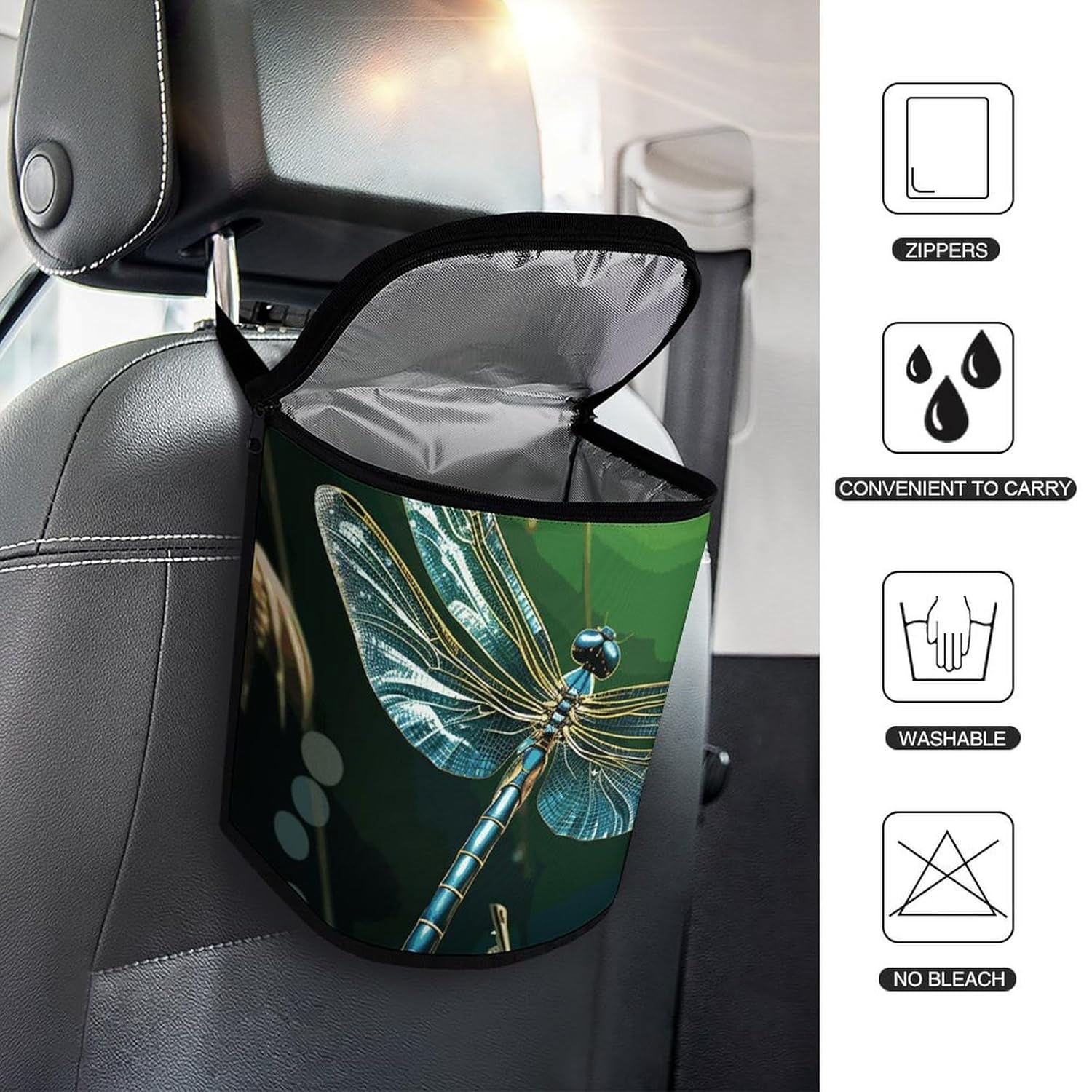 Hanging Car Trash Bag Protable Trash Can Dragonfly Green Waterproof Garbage Bin for Car