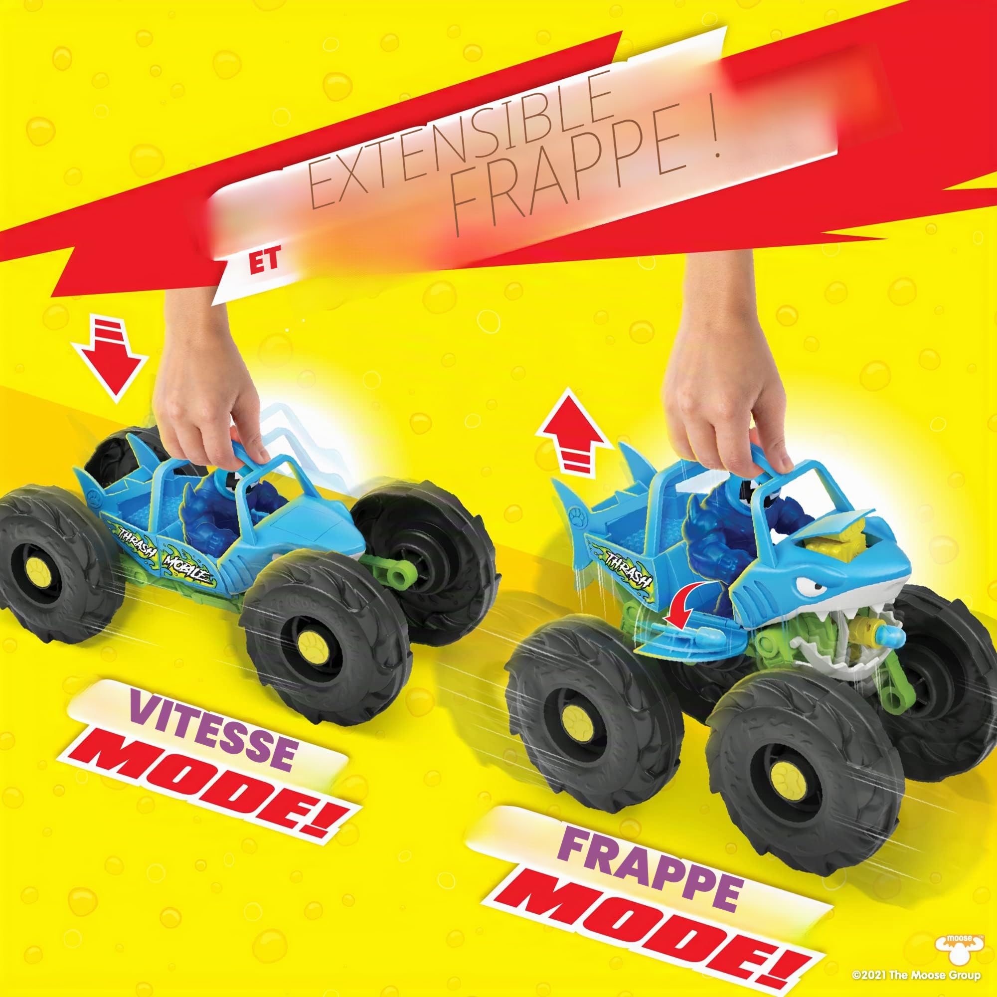 Heroes of Goo Jit Zu Thrash Mobile élastique avec Lance-Missiles ! Un véhicule avec Lance-Missiles et Une Figurine Thrash en Combinaison remplie de Substance visqueuse.