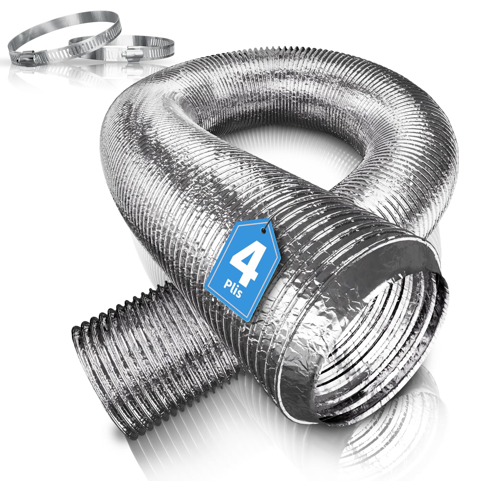 Hon&Guan Tuyau Alu 4 Couches Renf 150 mm Long 3 m Avec Colliers | Découposable, Résistant chaleur. Évacue air, fumée, humidité pour hotte, conduit, tente culture, bouche d’aération, Argent