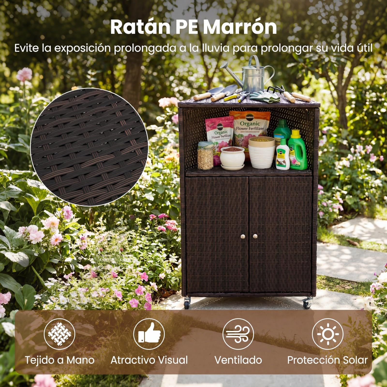COSTWAY Armario de Ratán para Exterior, Mueble de Almacenamiento con Ruedas, Compartimento Abierto, Armario de 2 Niveles con Puertas, Aparador Rodante para Patio, Jardín, Terraza
