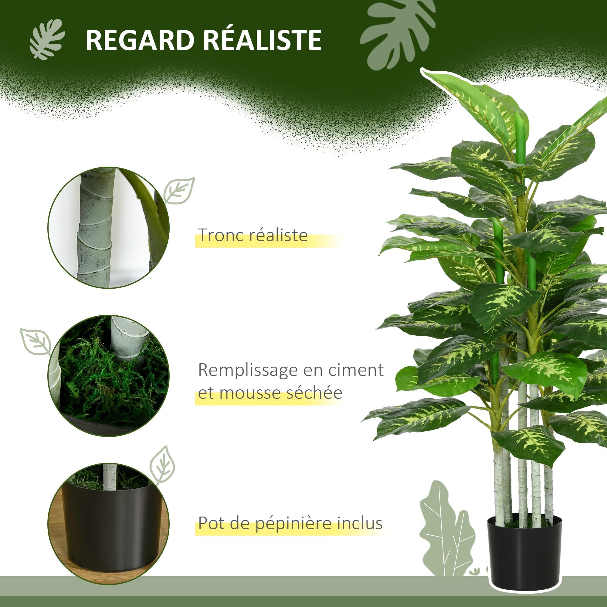 HOMCOM Plante Artificielle Calathea Hauteur 120 cm Pot Ciment Intérieur