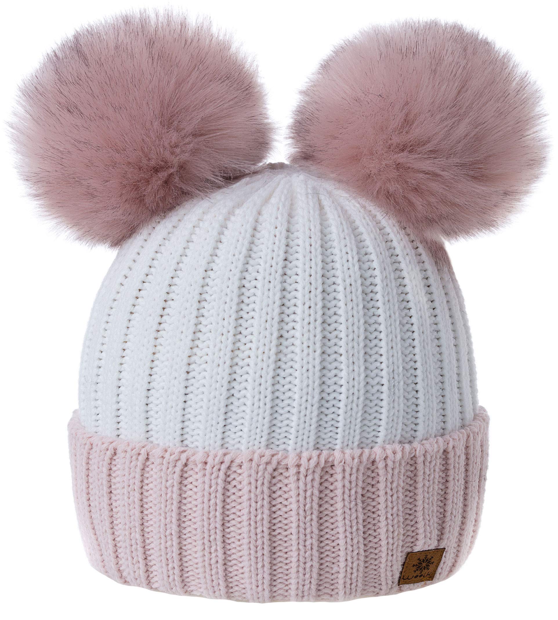 Girls Winter Beanie Hat Knitted Hats Kids Girl With Large Double Pom Pom Ski MFAZ Morefaz Ltd (Powder-Pink White)