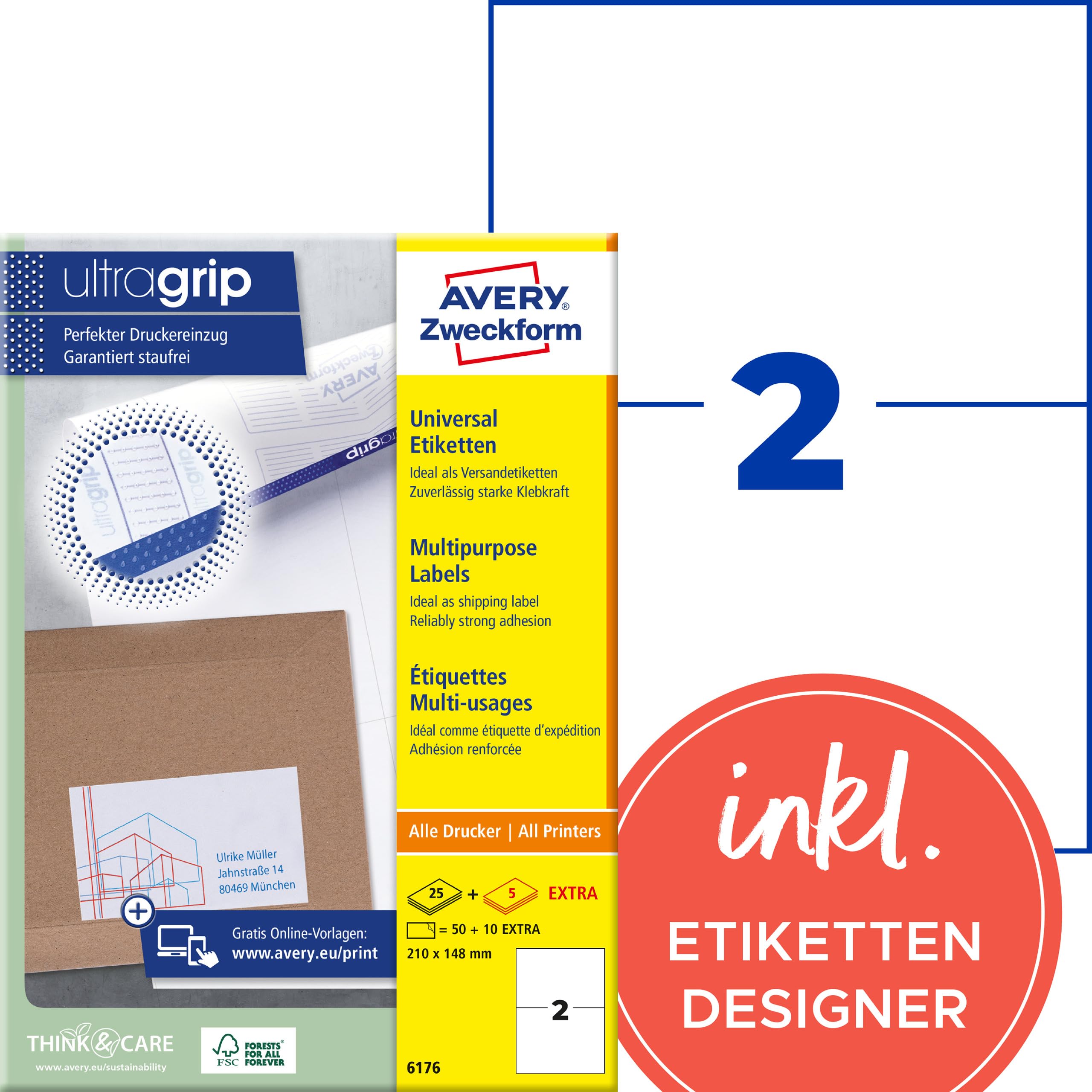 AVERY Zweckform 6176 Universal Etiketten (50 plus 10 Klebeetiketten extra, 210x148mm auf A4, bedruckbare Versandetiketten, selbstklebende Versandaufkleber mit ultragrip, DHL) 30 Blatt, weiß