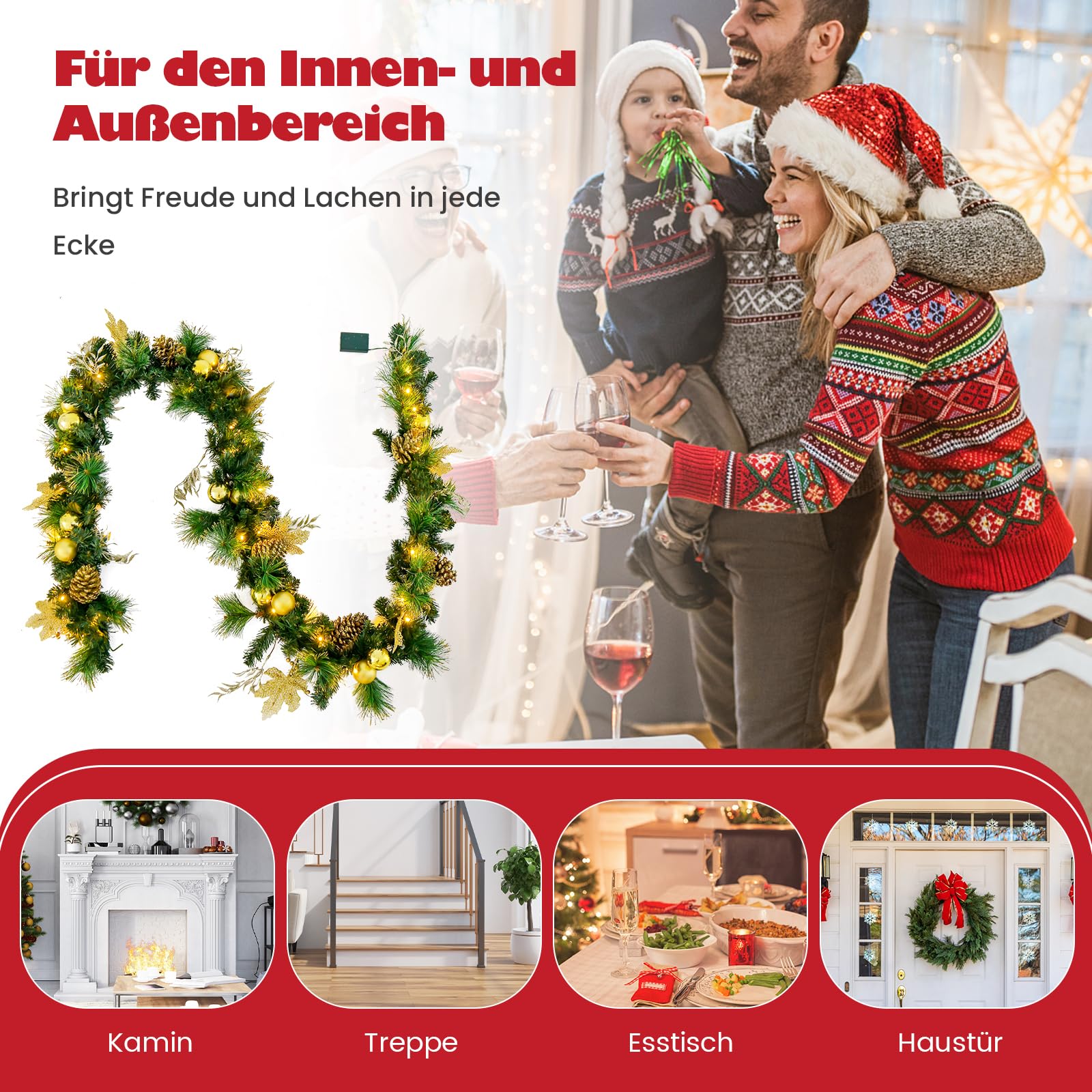 COSTWAY 270cm Weihnachtsgirlande mit Beleuchtung, 50 LEDs warmweiß, künstliche Tannengirlande mit Tannenzapfen & goldenen Kugeln, Tür Kamine Treppe Innen Außen, beleuchtete Weihnachtsdeko, Grün