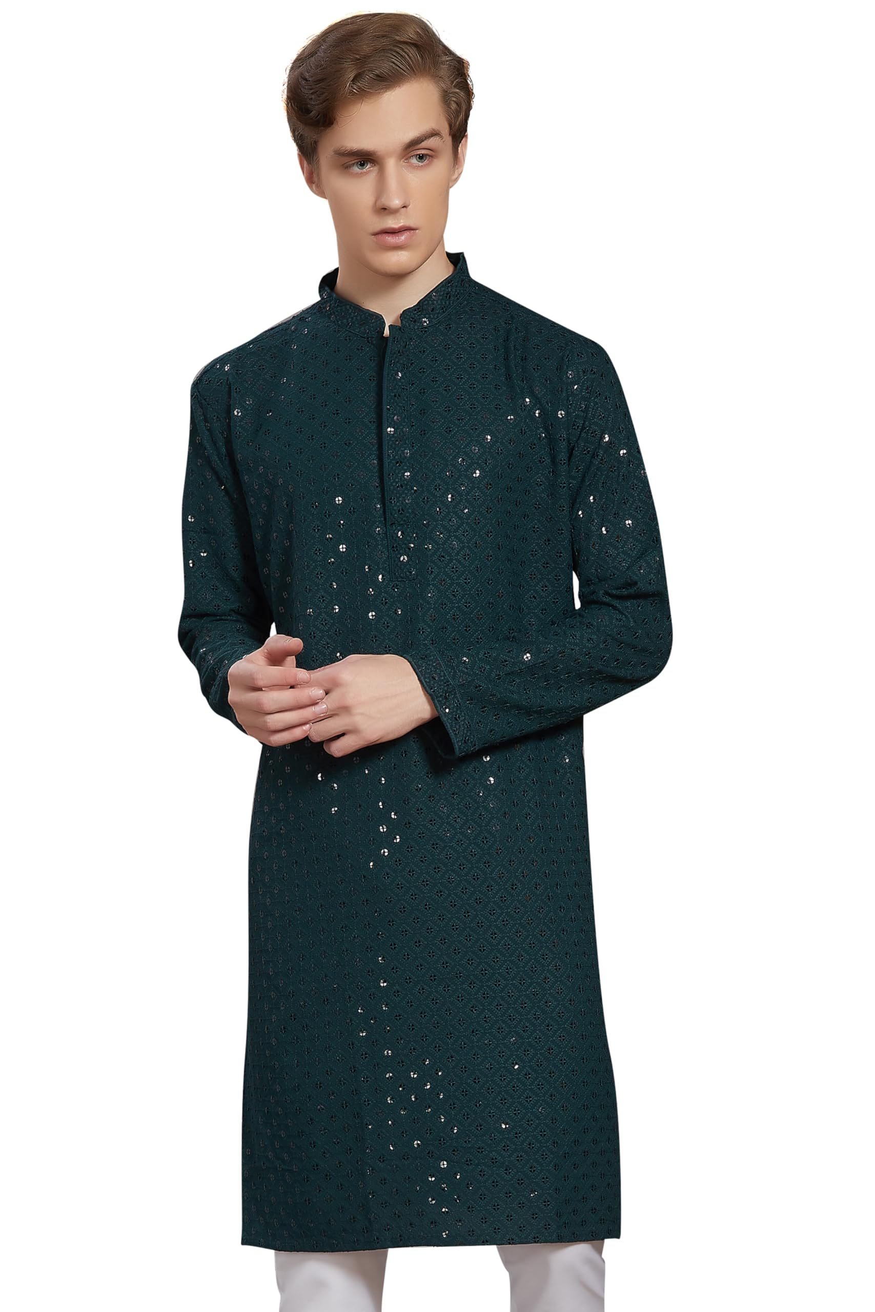 Divisive Men's Sequince Embroidered Cotton Blend Only Slim Fit Kurta (Dkrt235_Xl_Green)