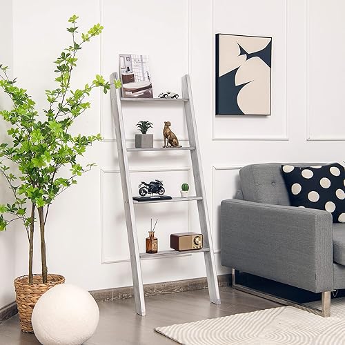 Miniatura 3 de Tangkula Escalera de madera para manta de 4 niveles, estante de almacenamiento de granja de 4.5 pies, soporte de escalera inclinado de pared,