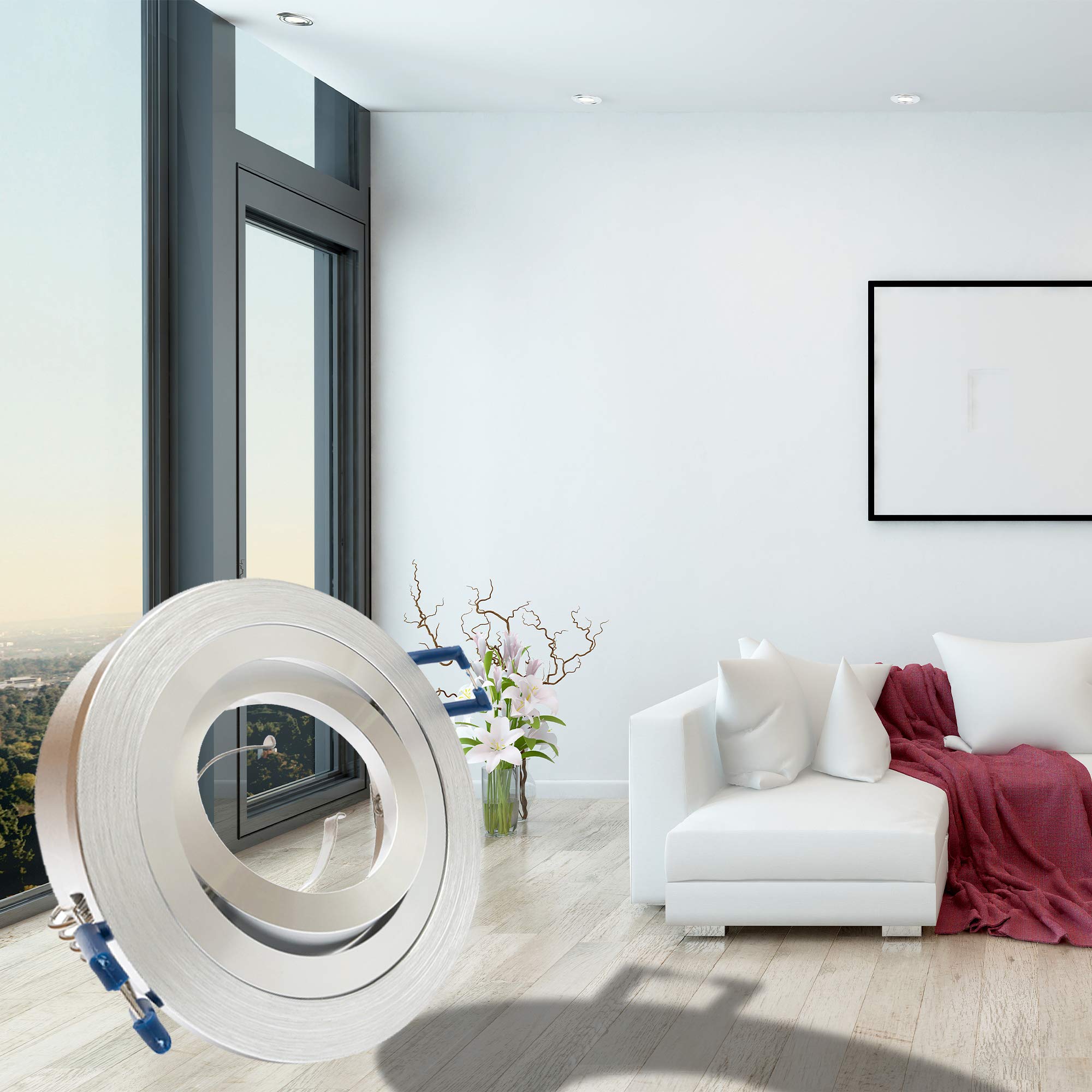 10 x aluminiowy reflektor do zabudowy GU10 zestaw – 10 sztuk aluminiowa rama montażowa okrągła w kolorze srebrnym szczotkowanym wraz z oprawką GU10 do żarówek LED lub halogenowych, wychylny o 30°, okrągły, 230 V