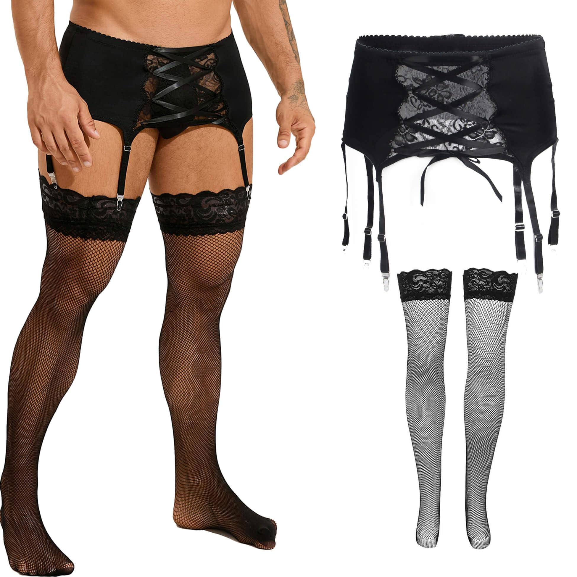 ohyeahlady Strapsen Dessous Set mit Strümpfen Halterlose Strümpfe Sexy Unterwäsche Große Größen Strapsstrümpfe Strumpfgürtel Garter Belt with Stocking Crossdresser Gay Underwear Box Pankung Schwarz S